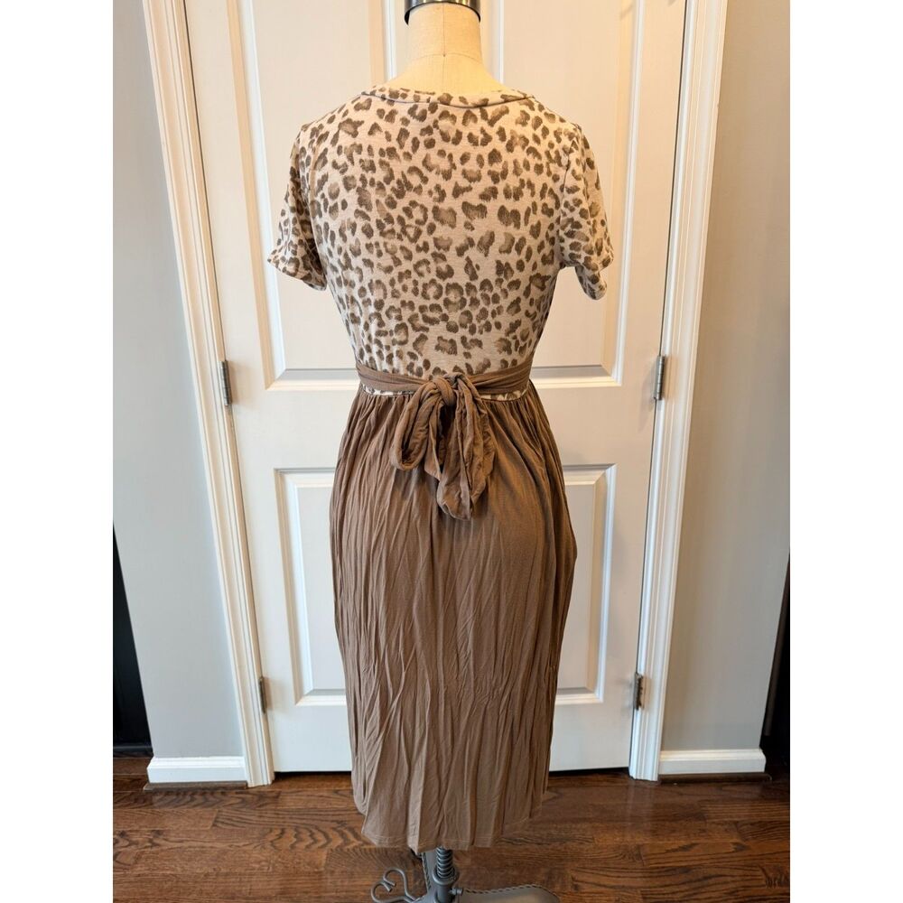 Leopard Print Midi Dress Boho Tie Waist Pleated Skirt Fall S - Picture 9 of 13